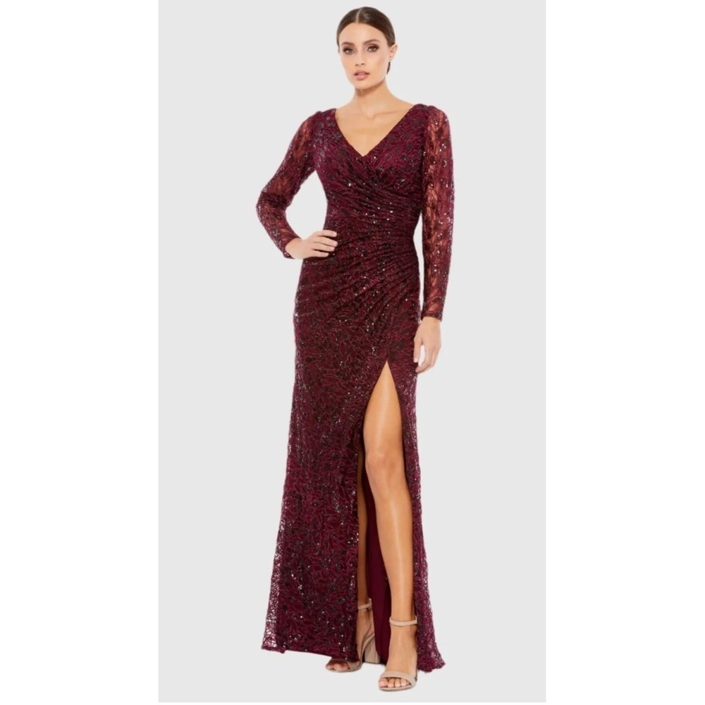Mac Duggal Long Sleeve Ruched Sequined V-Neck Gown Garnet 14 Wedding Slit Dress